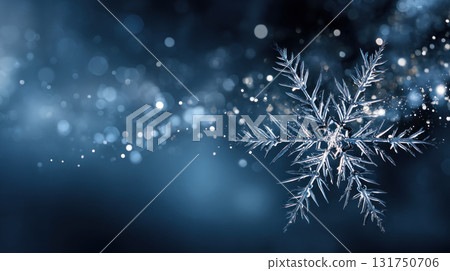 Snowflake close up on blue defocused background. Merry Christmas and Happy Holidays greeting card, frame, and banner. New Year. Noel. Winter Christmas theme. Snowflake close up on blue defocused background. Merry Christmas and Happy Holidays greeting card, frame, and banner. New Year. Noel. Winter Christmas theme. 131750706