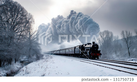 A steam train rushes through the snow, smoke comes out of the chimney. Pressnitztalbahn steam train locomotive railway in winter 131750719