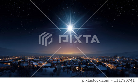 A glowing star over a snowy town, with a blank sky above for the addition of text. Merry Christmas and Happy Holidays greeting card, frame, and banner. New Year. Noel. Winter Christmas theme. 131750741