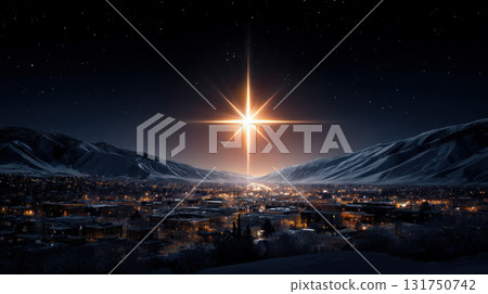 A glowing star over a snowy town, with a blank sky above for the addition of text. Merry Christmas and Happy Holidays greeting card, frame, and banner. New Year. Noel. Winter Christmas theme. 131750742