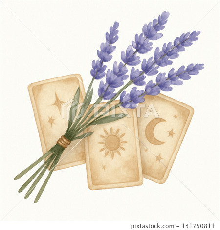 Calming watercolor illustration of lavender bunch lying across three tarot cards featuring sun, moon, and star symbols, creating peaceful and mystical aesthetic Calming watercolor illustration of lavender bunch lying across three tarot cards featuring sun, moon, and star symbols, creating peaceful and mystical aesthetic 131750811