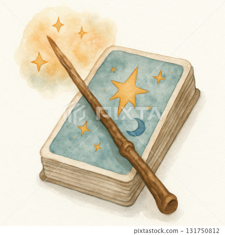 Watercolor illustration of magic wand glowing with enchanted aura resting on tarot deck featuring stars and moon symbols, evoking mystical and magical feelings 131750812