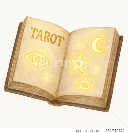 Open tarot book with glowing mystical symbols including eye, star, crescent moon, and triangle, watercolor illustration clipart with ancient magical feel on white background 131750821