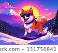 A miniature Shiba Inu in sunglasses jumping on a snowboard with Mount Fuji and the sunrise in the background | An anime-style illustration of refreshing winter action 131750841