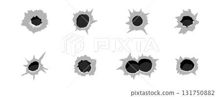 Bullet hole gun set shot weapon silhouette, impact impact marks gun, bullet hole gunshot. Damage from shoot. 131750882