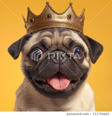 Pug dog wearing a playful gold crown against a cheerful yellow background 131750885