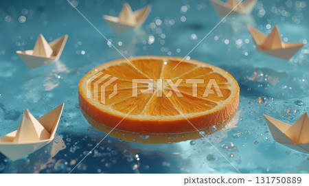 Floating orange slice in clear water with small paper boats creating a playful scene 131750889
