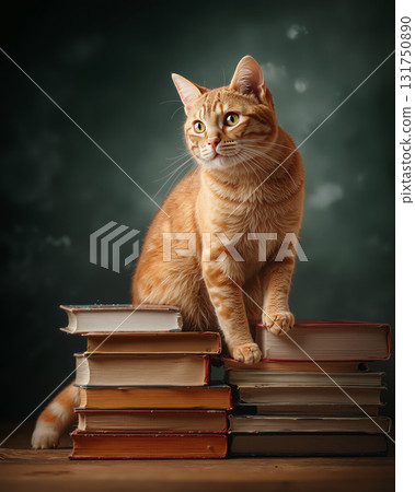 Orange cat perched on a stack of vintage books in a cozy, dimly lit room 131750890