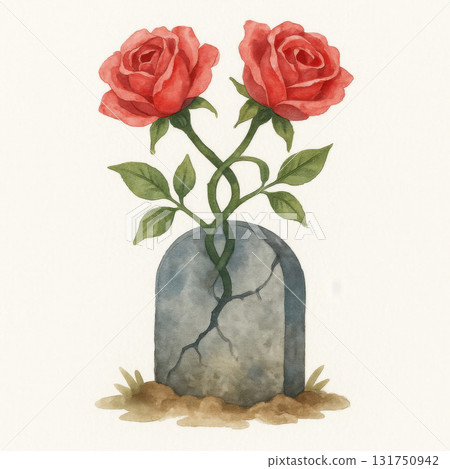 Watercolor illustration of two intertwined red roses growing from cracked gray tombstone with green leaves and brown soil, symbolizing love and remembrance 131750942