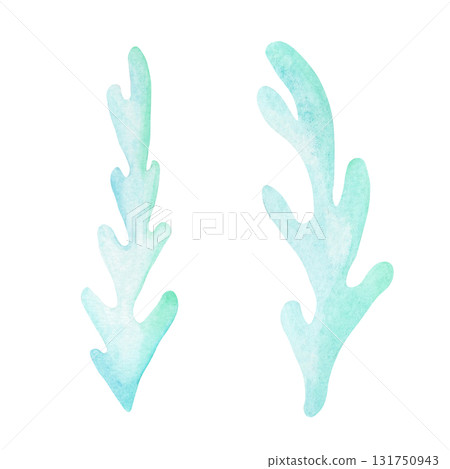 Turquoise seaweed watercolor clipart, hand drawn ocean plant element. Perfect for coastal stationery, invitations, fabric prints, wrapping paper, posters, and marine-themed decorative designs 131750943