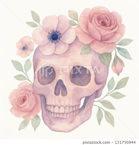 Watercolor illustration of pastel skull decorated with pink roses and soft green leaves, creating delicate and artistic floral composition with gentle colors and calm mood 131750944