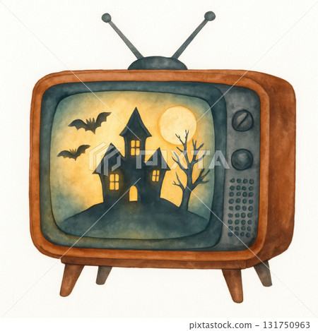 Vintage television with spooky haunted house, bats flying, full moon, and barren tree on screen, watercolor illustration with eerie and mysterious atmosphere 131750963