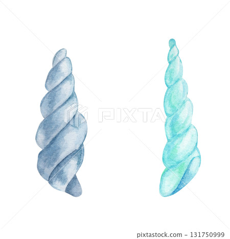 Two spiral seashells in blue and aqua tones, watercolor illustration, hand drawn. Perfect for summer invitations, fabric patterns, wrapping paper, stickers, and nautical digital scrapbook designs Two spiral seashells in blue and aqua tones, watercolor illustration, hand drawn. Perfect for summer invitations, fabric patterns, wrapping paper, stickers, and nautical digital scrapbook designs 131750999