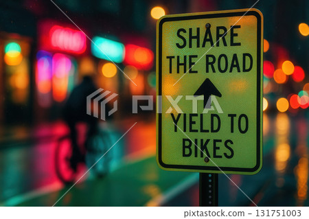 Share the Road Traffic Sign on Rainy Urban Street 131751003