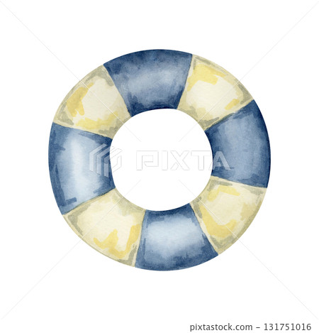 Blue and yellow lifebuoy watercolor illustration, hand drawn nautical clipart. Great for invitations, travel stationery, wall art, stickers, fabric patterns, beach wedding designs, and packaging 131751016