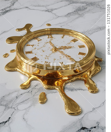 Melting clock drips on shiny marble surface capturing the essence of time and change in a surreal moment 131751026