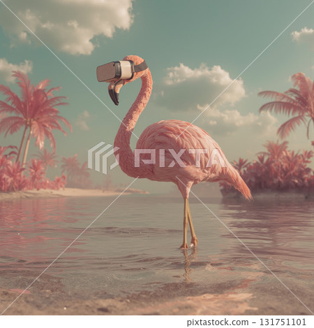 Flamingo wearing VR headset enjoys a tropical paradise on a sunny day 131751101