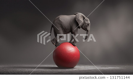 Elephant performs balancing act on red ball in a circus setting Elephant performs balancing act on red ball in a circus setting 131751144