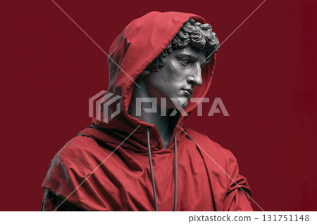 Classical statue dressed in modern hood brings a fresh perspective to ancient art in bold red backdrop 131751148