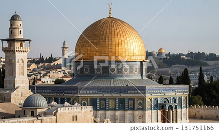 Golden Dome of the Rock with blue tiles and trees in aerial view 131751166