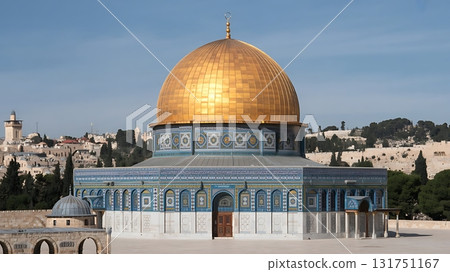 Wide angle aerial shot of Dome of the Rock with golden dome and tiled base surrounded by trees and ancient cityscape 131751167
