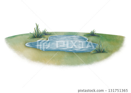 Sunny meadow with yellowing grass and a tiny pond,painted with soft watercolor washes and textured colored pencils.For childrens books,nature themes and outdoor scenes Sunny meadow with yellowing grass and a tiny pond,painted with soft watercolor washes and textured colored pencils.For childrens books,nature themes and outdoor scenes 131751365