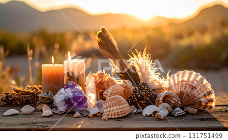 Rustic ritual scene with candles, seashells, feathers, and crystals arranged on wooden surface, glowing warmly under golden sunset. Mystical and serene atmosphere for spiritual themes Rustic ritual scene with candles, seashells, feathers, and crystals arranged on wooden surface, glowing warmly under golden sunset. Mystical and serene atmosphere for spiritual themes 131751499