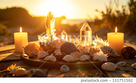 Rustic ritual scene with candles, seashells, feathers, and crystals arranged on wooden surface, glowing warmly under golden sunset. Mystical and serene atmosphere for spiritual themes 131751502