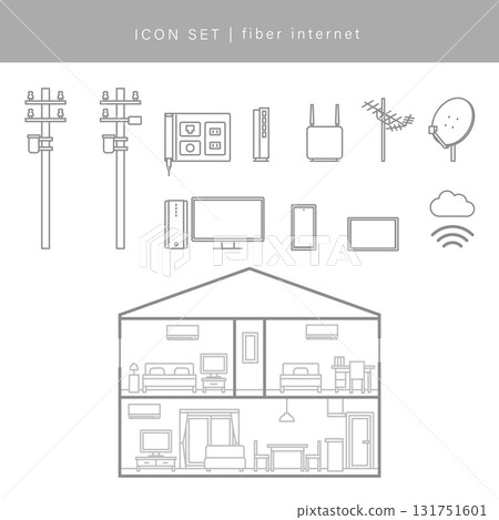 Detached house optical fiber network configuration icon set Detached house optical fiber network configuration icon set 131751601