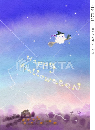 A cute Halloween illustration of a ghost flying through the night sky on a broomstick with a wine glass in hand 131751614