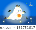 萬聖節插圖：一個發光的友好鬼魂和烏鴉拿著午夜南瓜燈 131751617