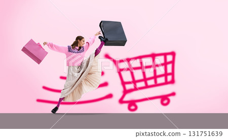Digital artwork. Elegant woman dancing with shopping bags near glowing cart icon Digital artwork. Elegant woman dancing with shopping bags near glowing cart icon 131751639