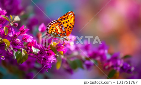 Colorful butterfly on bright pink flowers, nature macro photography with soft bokeh effect 131751767