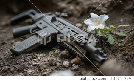 An assault rifle on the ground next to a white flower, a symbol of war and peace in a contrasting concept 131751799