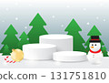 Three white blank podiums for show products on Merry Christmas and happy new year festival elements background, Vector illustration. 131751810