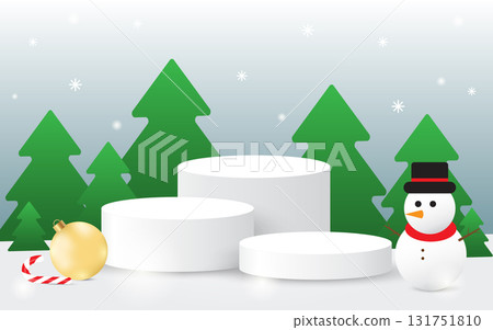 Three white blank podiums for show products on Merry Christmas and happy new year festival elements background, Vector illustration. Three white blank podiums for show products on Merry Christmas and happy new year festival elements background, Vector illustration. 131751810