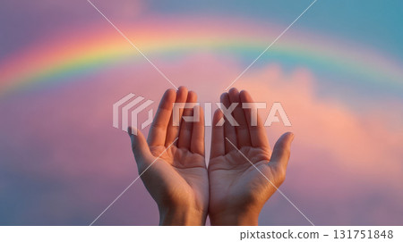 Open hands raised to a rainbow against a soft sunset sky, a symbol of hope, faith and gratitude Open hands raised to a rainbow against a soft sunset sky, a symbol of hope, faith and gratitude 131751848
