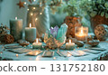 A mystical healing space surrounded by colorful crystals and candles 131752180