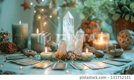 A spiritual healing space surrounded by crystals and candles 131752181