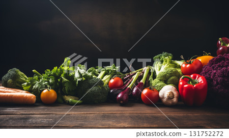 Fresh vegetables. Vegetarian ingredients for cooking on dark rustic wooden background 131752272