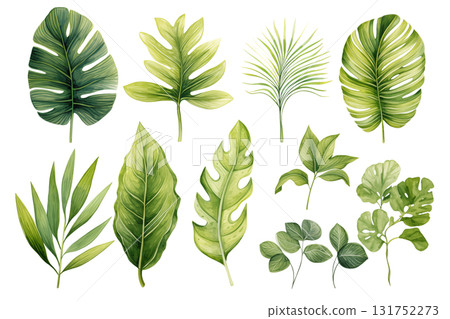 tropical leaves in shades of green with a watercolor effect on a white background. 131752273