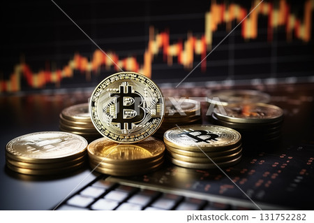 Bitcoin golden coins on a chart. Blockchain technology 131752282