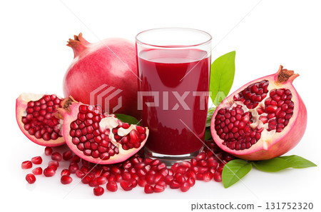 Fresh ripe pomegranate with green leaves isolated on white background. 131752320