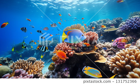 Underwater view of a colorful sea coral reef with fishes. Underwater Underwater view of a colorful sea coral reef with fishes. Underwater 131752366