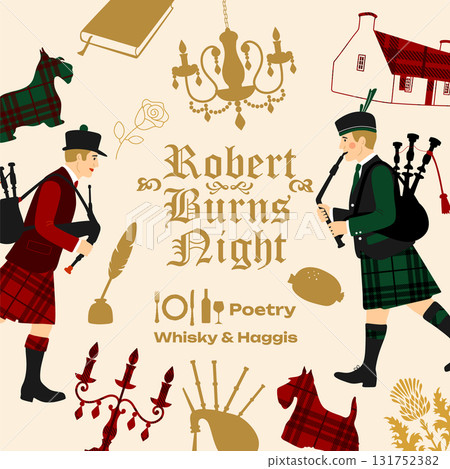 Robert Burns Night 25th January, United Kingdom Scotland background vintage invitation illustration a musicians with bagpipes and dog Robert Burns Night 25th January, United Kingdom Scotland background vintage invitation illustration a musicians with bagpipes and dog 131752382