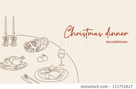 Whimsical retro Christmas dinner illustration with festive table, roast turkey, yule log cake, candles and wine. Holiday background, banner, card or menu template. Vector. 131752627