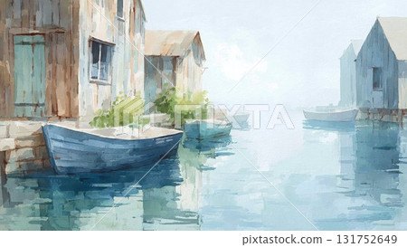 安靜的港口房屋和船隻水彩插圖背景素材 131752649
