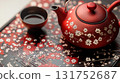 Red teapot and Japanese floral pattern 131752687