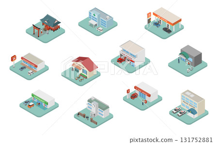 Isometric illustrations: various buildings 131752881