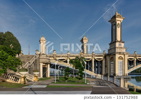 Seri Gemilang Bridge, an ornate architectural landmark with a prominent clock tower, Putrajaya, Malaysia. 131752988